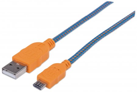 Cable USB V2 A-Micro B, Bolsa Textil 1.0M Naranja/Azul Manhattan 352734